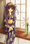  air artist_request brown_hair japanese_clothes kimono long_sleeves purple_eyes solo toono_minagi window 