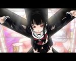  bangs black_hair black_serafuku black_skirt blunt_bangs crucifixion enma_ai hime_cut jigoku_shoujo long_hair long_sleeves no_panties red_eyes scharfschutze school_uniform serafuku skirt solo torn_clothes 