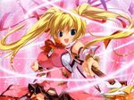  artist_request blonde_hair blue_eyes breasts character_request copyright_request covered_nipples hair_ribbon large_breasts long_hair magi-cu magic magical_girl ribbon skirt smile solo twintails wand 
