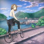  1girl bare_arms bare_shoulders bicycle blue_sky brown_hair clothes_around_waist cloud cloudy_sky curly_hair day ground_vehicle highres knee_up landscape leggings light_blue_eyes looking_afar love_live! love_live!_sunshine!! meda mountainous_horizon outdoors shadow shoes shore short_hair sky sneakers sportswear tank_top tree watanabe_you white_tank_top 