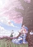  against_tree cherry_blossoms closed_eyes day field floating ghost grass hitodama konpaku_youmu konpaku_youmu_(ghost) lily_white long_sleeves multiple_girls outdoors pink_hair saigyouji_yuyuko short_hair silver_hair sitting touhou tree tsukishiro_chigiri 