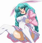  animal_ears apron blush braid breasts bunny_ears canal_vorfeed covered_nipples green_hair long_sleeves lost_universe medium_breasts panties purple_eyes solo sugimura_tomokazu thighhighs twin_braids underwear white_legwear white_panties 