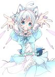  1girl ahoge animal_ears blue_dress blue_eyes cat_ears cat_hair_ornament dennou_shoujo_youtuber_shiro dress hair_ornament ixy long_sleeves looking_at_viewer shiro_(dennou_shoujo_youtuber_shiro) short_hair silver_hair simple_background smile solo virtual_youtuber white_background 