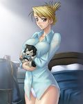  bed black_hayate blonde_hair blush bottomless breasts cup dog earrings folded_ponytail fullmetal_alchemist holding jewelry kagami_hirotaka large_breasts long_sleeves nightshirt panties pet puppy riza_hawkeye shiba_inu solo underwear white_panties 