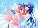 blue_eyes blue_hair bow brown_hair buttons child copyright_request dress feathers frills long_hair multiple_girls pink_bow sakurazawa_izumi shoes twintails wings 