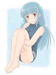  barefoot blue_hair blush feet leg_hug long_hair one-piece_swimsuit open_mouth purple_eyes school_swimsuit sketch solo swimsuit takahashi_mugi tokimeki_memorial tokimeki_memorial_only_love yayoi_mina 