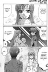  1girl angry artist_request comic greyscale gundam gundam_seed heart kira_yamato lacus_clyne long_sleeves monochrome no_eyes open_mouth smile sweatdrop translated 