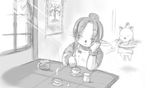  bracelet breakfast closed_eyes cup dress final_fantasy final_fantasy_xi floating greyscale hair_bun jewelry monochrome moogle morning mural pinafore_dress plate sketch solo sugar_(food) table tarutaru teapot window 