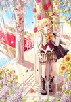  1girl aku_no_meshitsukai_(vocaloid) aku_no_musume_(vocaloid) alinna allen_avadonia belt bird blonde_hair blue_eyes boots bow branch brother_and_sister cross-laced_footwear dove dress evillious_nendaiki flower hairband highres hydrangea kagamine_len kagamine_rin lace-up_boots pillar riliane_lucifen_d'autriche rose short_hair shorts siblings striped sunflower twins vocaloid 