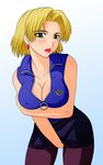  akagi_ritsuko big_breasts blonde_hair blush body_blush breasts cleavage earrings erect_nipples female gradient gradient_background green_eyes highres jewelry large_breasts lipstick makani_kohitujito makeup miniskirt neon_genesis_evangelion pantyhose short_hair skirt solo vest 