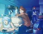  3boys bag book boys_playing_games computer eating food ice-cream ice_cream inazuma_eleven inazuma_eleven_(series) kiyama_hiroto laptop male male_focus multiple_boys nagumo_haruya neet pillow plastic_bag playing_games playstation_2 pocky red_hair redhead suzuno_fuusuke video_game videogame videogames white_hair 