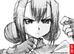  clenched_hands double_bun fingerless_gloves gloves gofu greyscale koihime_musou monochrome ryomou solo spot_color squinting traditional_media 