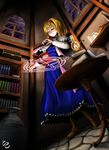  alice_margatroid blonde_hair book bottle capelet do_(ado) dress hairband lamp short_hair smile solo standing table touhou window 