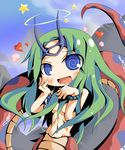  1girl blue_eyes blush bracelet caraduki drool female final_fantasy final_fantasy_iv green_hair hand_on_cheek hand_on_own_cheek hand_on_own_face heart jewelry lamia long_hair monster_girl navel open_mouth outdoors saliva sky smile solo star tail topless 