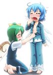  barefoot blue_hair blush cirno closed_eyes daiyousei dressing dressing_another drooling drowsy flat_chest green_hair hair_ornament hairpin kusaba_(kusabashiki) messy_hair multiple_girls open_mouth pajamas saliva short_hair side_ponytail sleepy touhou wings yawning 