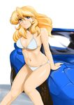  bikini blonde_hair blue_eyes car ground_vehicle long_hair mazda mazda_rx-7 motor_vehicle shiny shiny_skin shu-z solo super_robot_wars swimsuit tytti_norback 