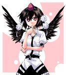  :/ black_hair black_wings graphite_(medium) hand_on_own_chin hat hikawa_shou looking_at_viewer mixed_media necktie nib_pen_(medium) pen red_eyes shameimaru_aya short_hair solo thinking tokin_hat touhou traditional_media wings 