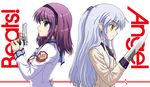  angel_beats! beretta_92 blade blue_hair green_eyes gun hairband handgun long_hair school_uniform tachibana_kanade tenshi_(angel_beats!) weapon yellow_eyes yuri_(angel_beats!) 