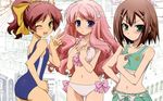  baka_to_test_to_shoukanjuu bikini blush himeji_mizuki kinoshita_hideyoshi shimada_minami swimsuit trap wink 