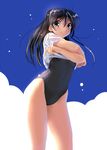  black_hair copyright_request katahira_masashi one-piece_swimsuit solo swimsuit undressing yellow_eyes 