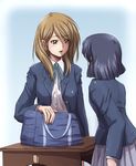  bag black_hair blazer brown_eyes brown_hair desk extra faith_(sbi) jacket k-on! multiple_girls school_desk school_uniform short_hair sunahara_yoshimi tachibana_himeko 