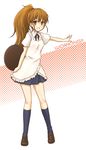  apron brown_eyes brown_hair english kneehighs long_hair open_mouth ponytail seri_natsume skirt socks solo taneshima_popura tray waitress working!! 