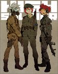  aqua_eyes armband assault_rifle bad_id bad_pixiv_id bandana belt belt_pouch beret blue_eyes boots camouflage combat_boots explosive gas_mask gloves grenade grey_hair gun handgun hat headset inazuma_eleven inazuma_eleven_(series) kiyama_hiroto left-handed m16 m4_carbine male_focus mask military military_uniform multiple_boys nagumo_haruya okomeuma pouch red_hair rifle silver_hair smile spiked_hair standing sunglasses suzuno_fuusuke uniform weapon 