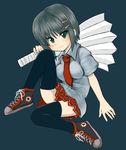  aizawa_sakuya bad_id bad_pixiv_id casual fan green_eyes grey_hair harisen hayate_no_gotoku! m.m shoes short_hair sneakers solo thighhighs 