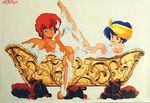  1girl barefoot bath bath_kick bathtub blue_hair bubble_bath dark_skin dirty_pair feet jpeg_artifacts kei_(dirty_pair) logo lowres red_hair towel towel_on_head yellow_towel yuri_(dirty_pair) 