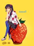  bad_id bad_pixiv_id bannbi black_hair blue_legwear food fruit k-on! latex legs listen!! long_hair nakano_azusa orange_eyes pantyhose polka_dot side_ponytail skirt solo strawberry 