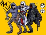  altair_ibn_la-ahad assassin's_creed assassin's_creed_(series) bad_id bad_pixiv_id boots crossover fangs gun helghast hood hunter_(left4dead) killzone killzone_2 left_4_dead male_focus multiple_boys sakurai_yuuki weapon 