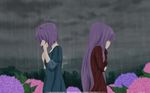  clannad crying dark dress flowers fujibayashi_kyou fujibayashi_ryou long_hair night purple_hair rain short_hair vector 