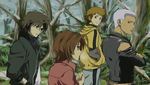  blue_clover blue_eyes breath brown_eyes brown_hair forest grey_hair hands_in_pockets hige highres jacket kiba multiple_boys nature short_hair smile toboe torn_clothes tsume walking wolf's_rain yellow_eyes 