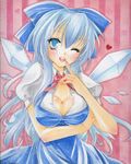  blue_eyes blue_hair bow breast_hold breasts cirno cleavage hair_bow large_breasts long_hair marker_(medium) millipen_(medium) mitsuba_(threeleaf) older one_eye_closed pastel_(medium) smile solo touhou traditional_media wings 