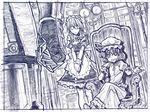  2girls armchair armor blue braid buront candle chair clenched_hand closed_eyes crossed_legs crossover dutch_angle final_fantasy final_fantasy_xi graphite_(medium) hands_clasped hat izayoi_sakuya maid monochrome multiple_girls own_hands_together remilia_scarlet sakino_shingetsu short_hair sitting sketch the_iron_of_yin_and_yang touhou traditional_media twin_braids v_arms wrist_cuffs 