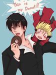  artist_request black_hair blonde_hair blush chibi doughnut english food jewelry male_focus multiple_boys nicholas_d_wolfwood o_o open_mouth short_hair simple_background single_earring source_request sweat trigun upper_body vash_the_stampede 
