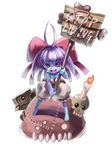  1girl bone bow character_request edobox monster monster_girl pixiv_fantasia purple_hair red_eyes sign smile solo zombie 
