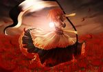  breasts cleavage dress flower frills hair_bobbles hair_ornament large_breasts mountain onozuka_komachi petals red red_eyes red_hair scythe solo spider_lily sunset touhou yuha_(yh-krm) 