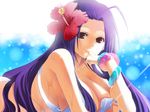  ahoge bad_id bad_pixiv_id bangle bikini bracelet breasts cleavage finger_to_mouth flower hair_flower hair_ornament hibiscus hiiro_(kikokico) idolmaster idolmaster_(classic) jewelry large_breasts light_rays long_hair miura_azusa purple_hair red_eyes smile solo sparkle strap_slip sunbeam sunlight swimsuit transparent wallpaper wet 