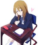  blazer brown_eyes brown_hair cellphone desk extra gyaru higata_akatsuki jacket k-on! kogal loose_socks petals phone school_desk school_uniform sitting smile socks solo tachibana_himeko 