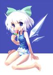 adapted_costume arm_support barefoot blue_hair blush_stickers bow cirno feet food full_body hair_bow katahira_masashi one-piece_swimsuit popsicle school_swimsuit short_hair sitting solo swimsuit touhou wariza watermelon_bar white_hair wings 
