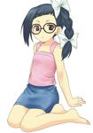  arm_support asatte_no_houkou barefoot braid denim denim_skirt freckles full_body glasses mizuki_makoto nogami_shouko pencil_skirt simple_background sitting skirt solo yokozuwari 