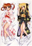  black_kimono blonde_hair cherry_blossom_print dakimakura fate_testarossa floral_print highres japanese_clothes kimono legs long_sleeves lyrical_nanoha mahou_shoujo_lyrical_nanoha multiple_girls okuda_yasuhiro panties pantyshot print_kimono tabi takamachi_nanoha thigh_gap twintails underwear white_kimono white_panties yukata 