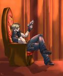  artist_request blonde_hair fingerless_gloves gloves gun handgun highres holster leon_s_kennedy male_focus pistol resident_evil resident_evil_4 sitting solo thigh_holster throne weapon 