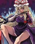  bare_legs barefoot blonde_hair breasts curly_hair dress hair_between_eyes hat head_tilt knees_apart_feet_together large_breasts legs lips long_hair looking_at_viewer purple_dress purple_eyes sitting solo spread_legs thighs touhou very_long_hair yakumo_yukari yuu_(kfc) 