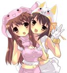  :d :o animal_hat asahina_mikuru bangs breasts brown_eyes brown_hair bunny_hat bunny_tail cat_hat cheek-to-cheek cleavage cleavage_cutout fur_trim gloves hat long_hair medium_breasts midriff multiple_girls navel open_mouth short_hair simple_background sleeveless smile suzumiya_haruhi suzumiya_haruhi_no_yuuutsu tail v-shaped_eyebrows white_background yuutarou 