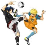  2boys adidas ball bike_shorts black_hair blonde_hair blue_eyes blue_hair bracelet clothes_writing high_kick jewelry jumping keroyon-jima kicking kneehighs konohagakure_symbol lowres male_focus mizuno multiple_boys naruto naruto_(series) open_mouth playing_sports red_eyes roteiro shoes smile sneakers soccer soccer_ball socks spiked_hair sport uchiha_sasuke uniform uzumaki_naruto whisker_markings wristband 