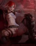  1girl anus arm_tattoo bangs belt boots borderlands borderlands_2 bottomless breast_tattoo breasts chaps clitoral_hood eyebrows feet_out_of_frame fingerless_gloves full_body_tattoo gloves knee_boots leg_tattoo lera_pi lilith_(borderlands) looking_at_viewer navel nipples nose orange_eyes pussy red_hair short_hair shrug_(clothing) signature sitting small_breasts solo spread_legs swept_bangs tattoo uncensored 