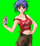  90s bangs bare_shoulders blue_eyes blue_hair blush breasts can cleavage clothes_writing collarbone cowboy_shot drink english green_background hand_on_hip holding holding_can large_breasts looking_at_viewer lowres midriff minase_aoi mitsumi_misato mole mole_under_eye navel no_bra pia_carrot_(series) pia_carrot_e_youkoso!!_2 shirt short_hair shorts solo standing strap_slip tachi-e tied_shirt 