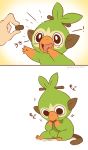  2019 ambiguous_gender black_eyes eating feral fur green_fur grookey happy hi_res mammal nintendo pok&eacute;mon pok&eacute;mon_(species) primate seiryuuden signature simple_background sitting video_games 